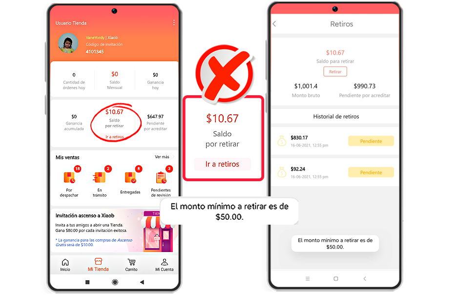 Retiro sin acumular $50.00 (MXN), no es posible
