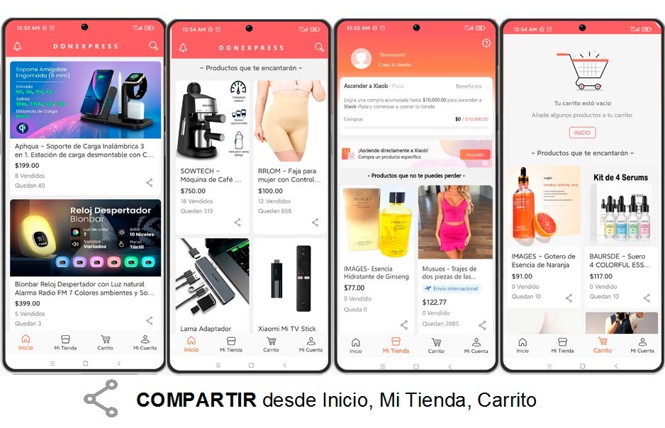 Compartir desde Inicio, Mi Tienda, Carrito