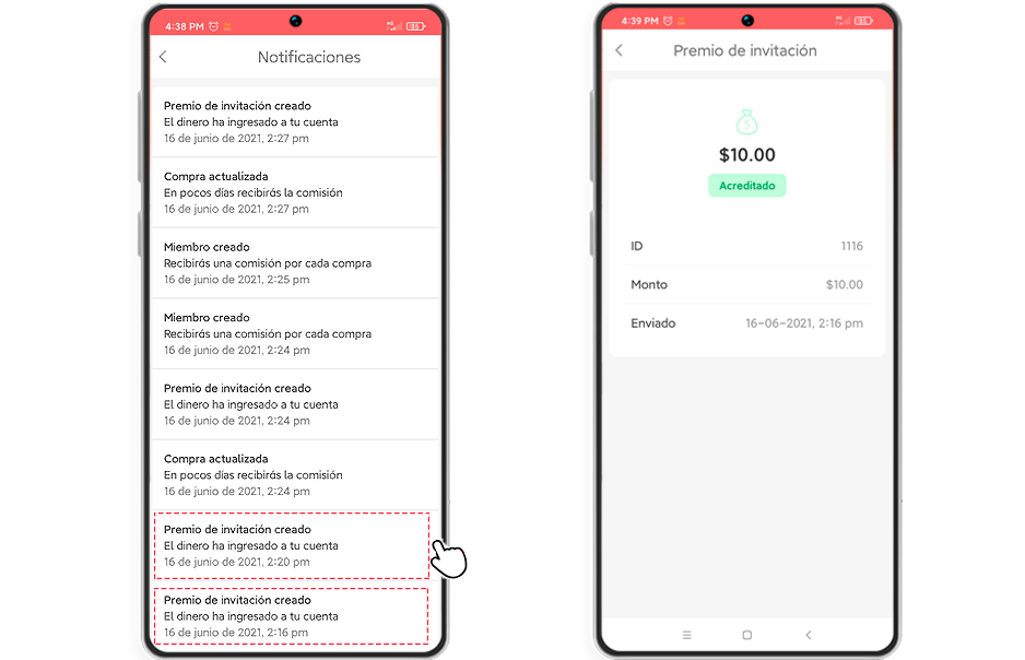 Lista de Notificaciones destacando las relacionadas con el premio de $10.00 (MXN)