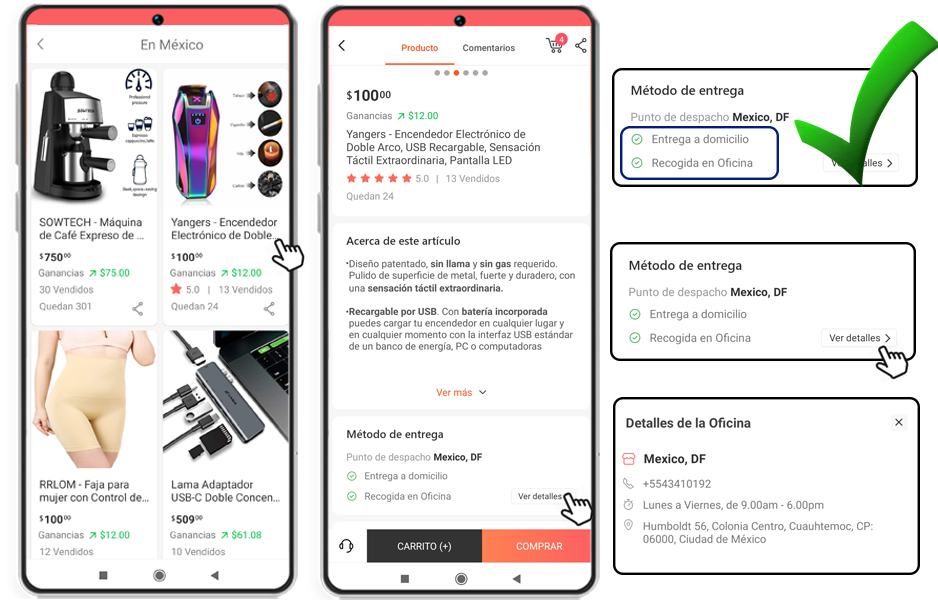 Información Producto sobre métodos de entrega