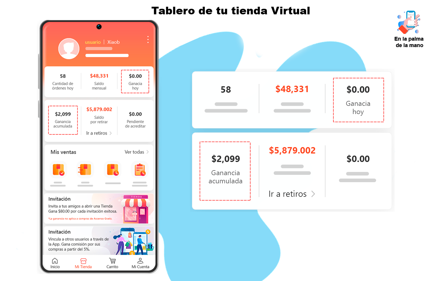 Tablero de tu Tienda Virtual con indicadores de ganancias