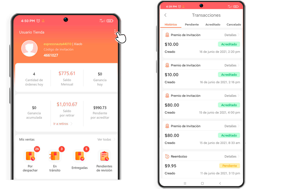 Llegar a las transacciones de Mi Tienda