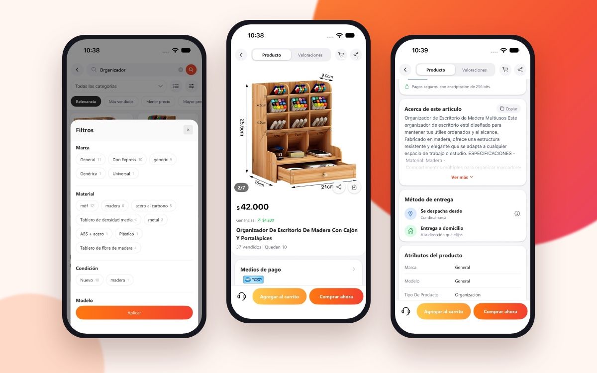 Filtros, ficha de producto y medios de pago